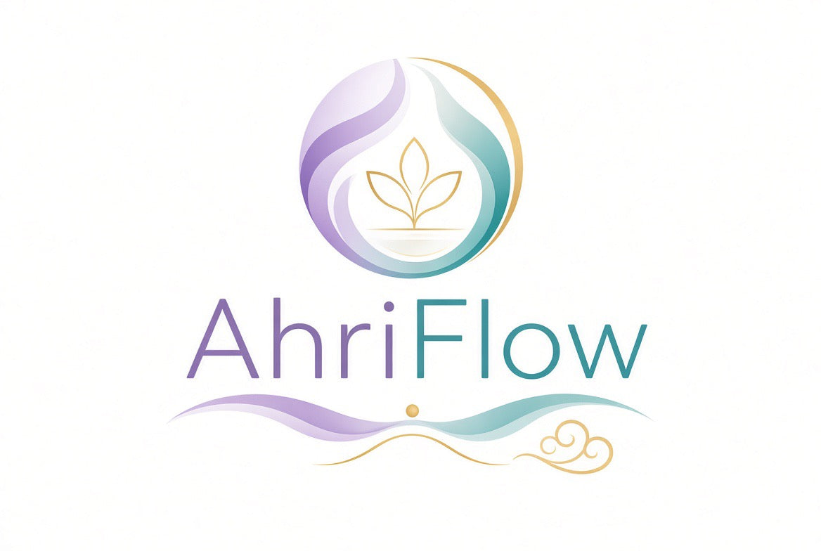 logo for AhriFlow featuring a circular, multicolored abstract lotus icon next to the brand name.